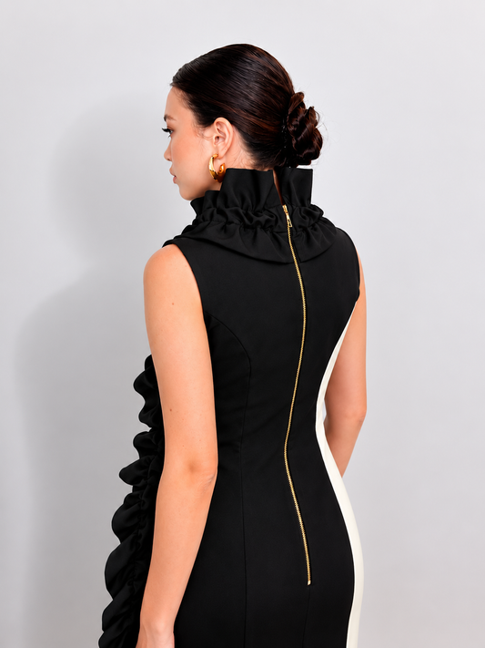 SOLENNE -BLACK SCULPTED RUFFLE MINI DRESS