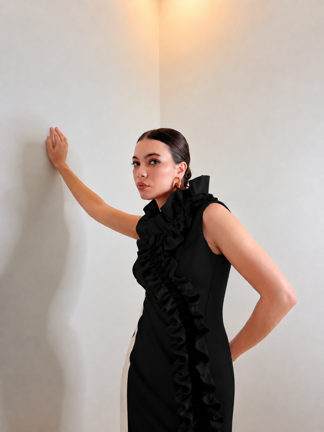 SOLENNE -BLACK SCULPTED RUFFLE MINI DRESS