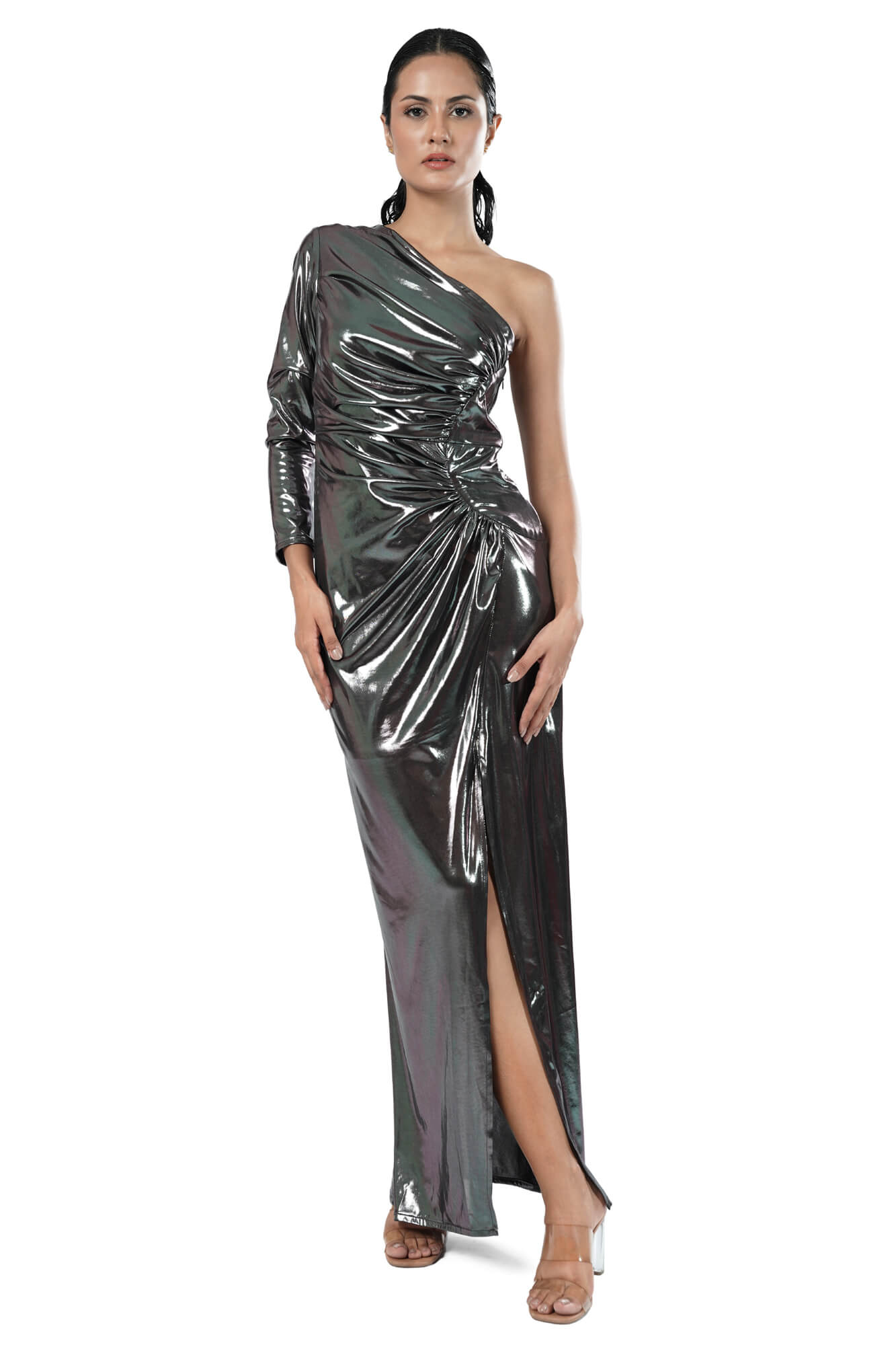 Midnight Mirage Metallic One-Shoulder Ruched Dress