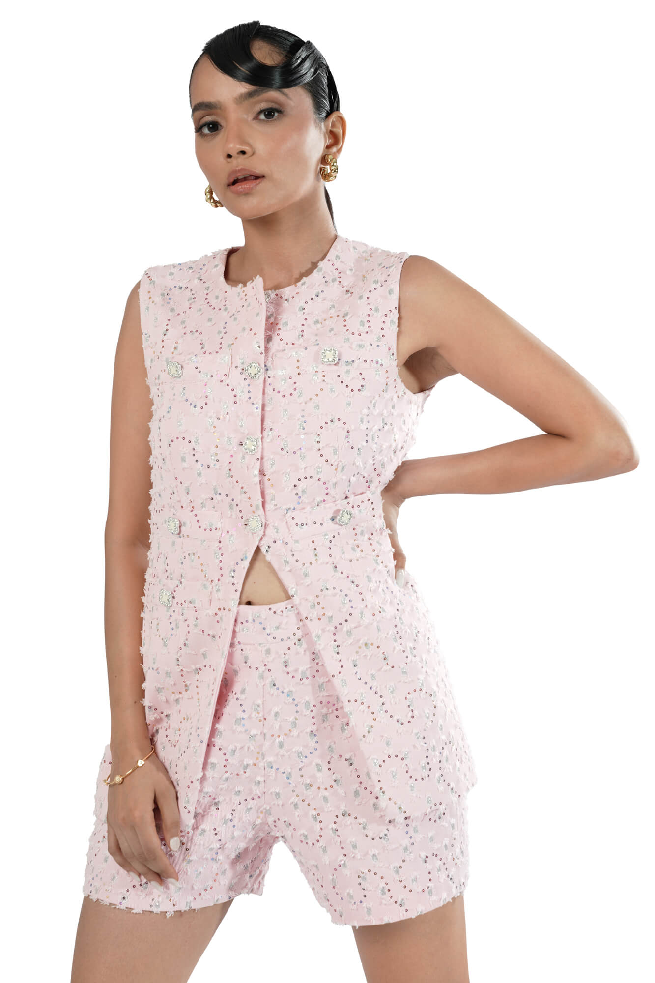 Candy Co-Ord Sleeveless Top & Shorts in Embroidered Fabric