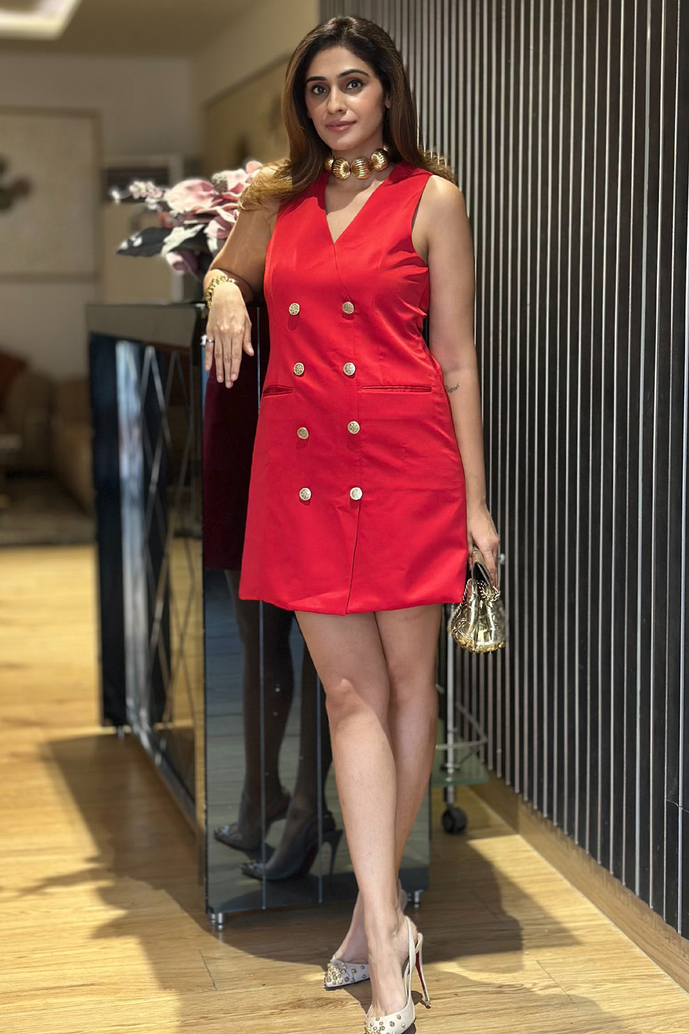 red gold button detail blazer dress Double-Breasted Gradient Colored Blazer Mini Dress With Gold Buttons |  Elizabeth Diamant