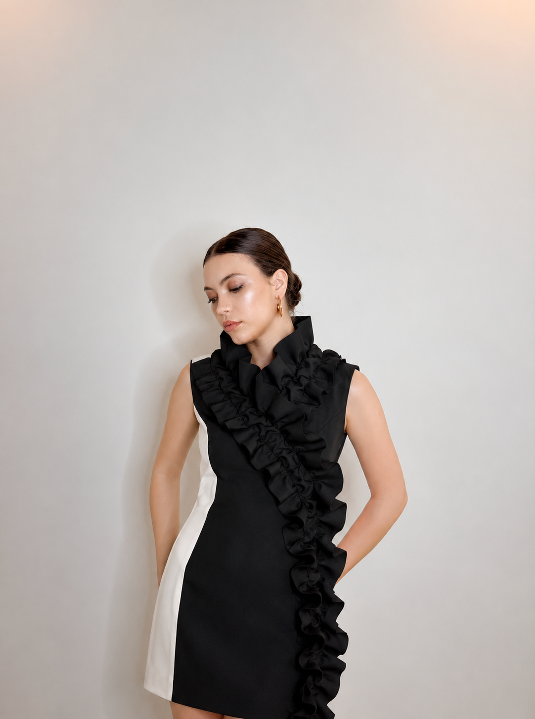 SOLENNE -BLACK SCULPTED RUFFLE MINI DRESS