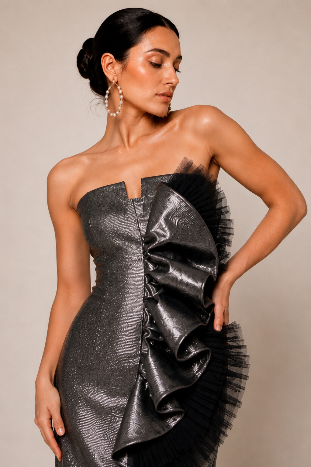 Juliette- Strapless metallic ruffle mini dress