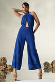 Cobalt Halter Jumpsuit with Wide-Leg Pants