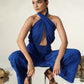 Cobalt Halter Jumpsuit with Wide-Leg Pants