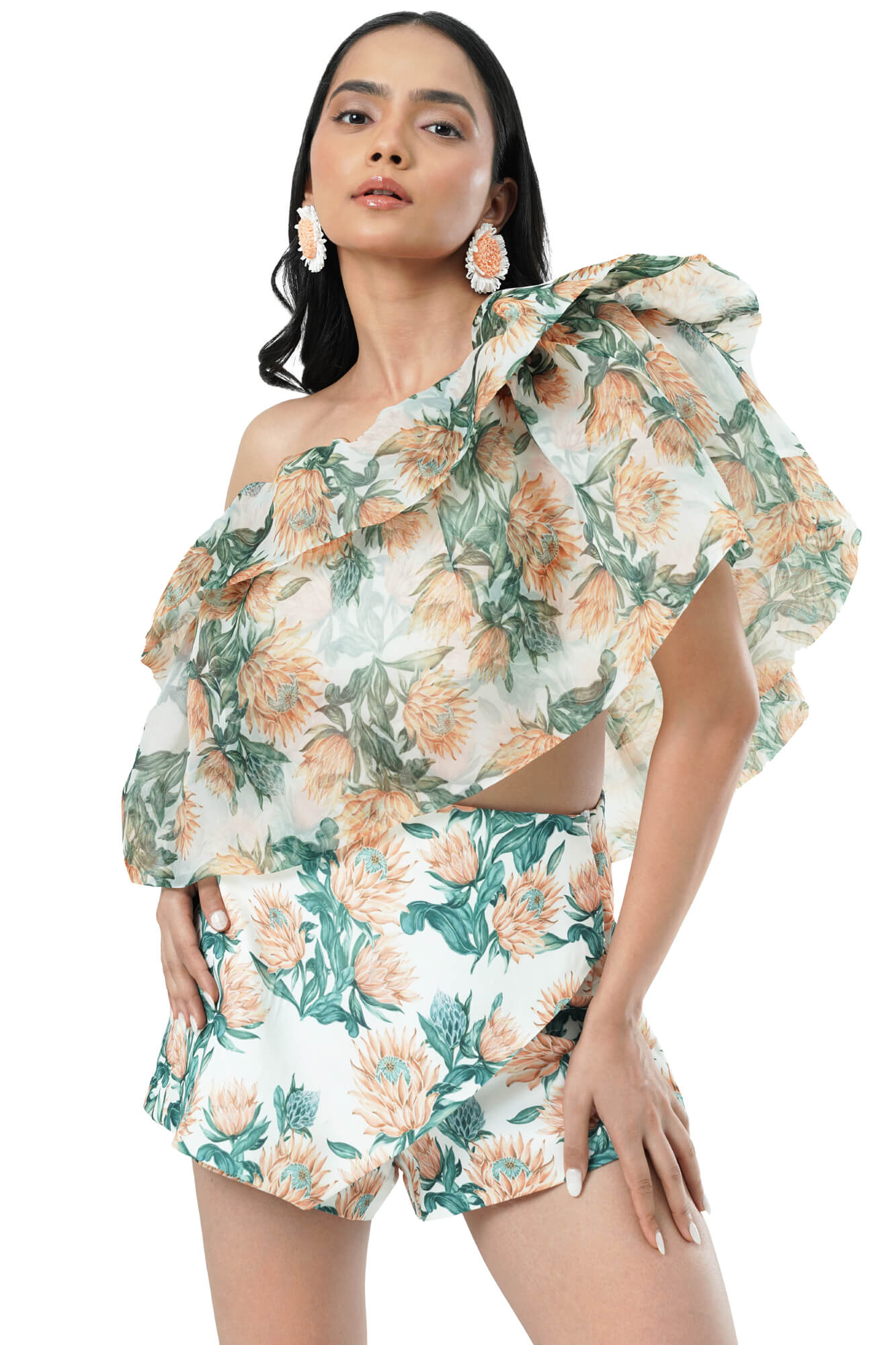 Iris Co-Ord Set Floral One-Shoulder Top & Shorts