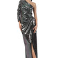 Midnight Mirage Metallic One-Shoulder Ruched Dress