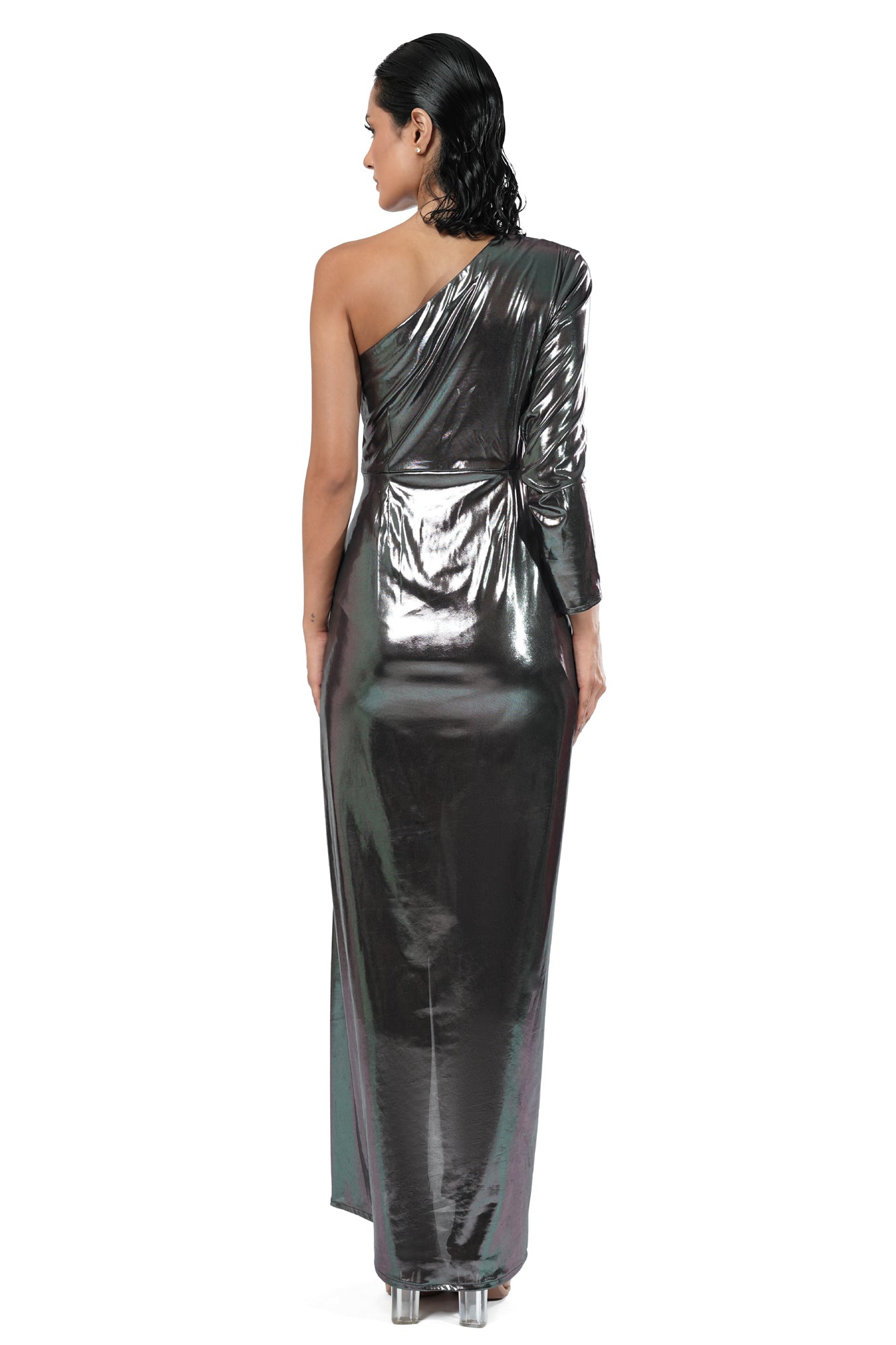 Midnight Mirage Metallic One-Shoulder Ruched Dress